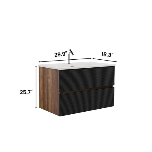 Gloria 30' Wall Mounted Soft Black & Walnut Bathroom Vanity with Integrated Ceramic Sink with Overflow, Large Storage Floating Bathroom Vanity for Modern Bathroom, Pre-assembled Default -DTYStore
