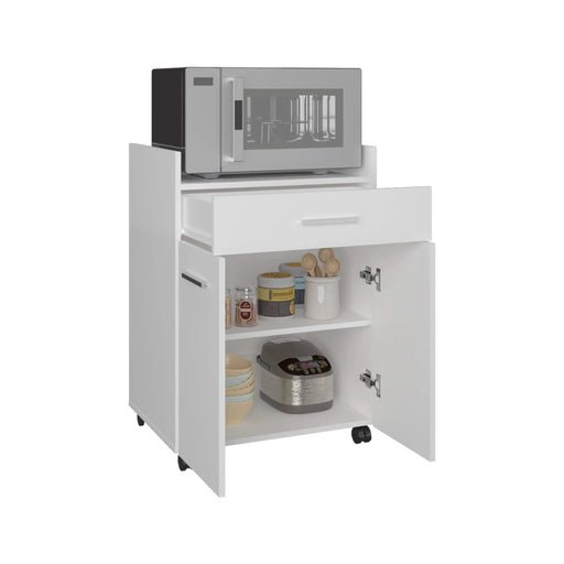 Glover Kitchen Cart With Casters, Open Shelves, Drawer And Cabinet Storage, Mobile Kitchen Island, White Default -DTYStore