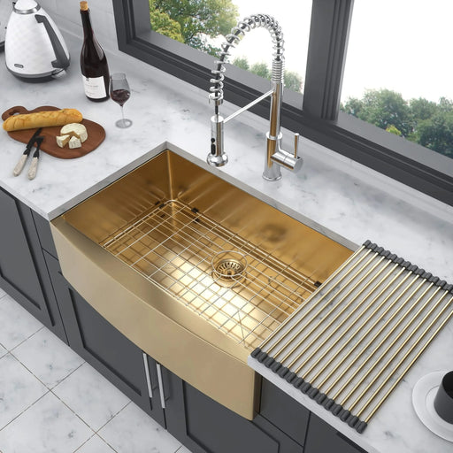 Gold Farmhouse Kitchen Sink 33 Inch Stainless Steel 16 Gauge Apron Front with Nano-PVD Finish Default -DTYStore