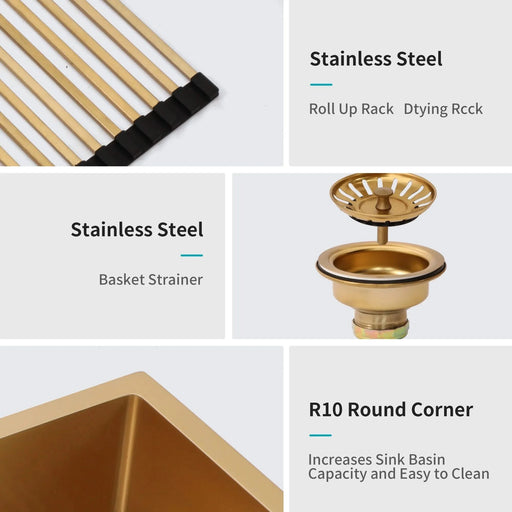 Gold Farmhouse Kitchen Sink 33 Inch Stainless Steel 16 Gauge Apron Front with Nano-PVD Finish Default -DTYStore