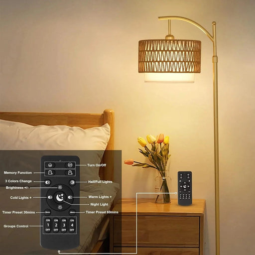Gold Floor Lamps for Living Room with Remote & Dimmable LED Bulb, Modern Arc Floor Lamp with 3 Color Temperatures, Boho Standing Lamp with Rattan & Fabric Shades, Adjustable Tall Lamp for Bedroom Default -DTYStore