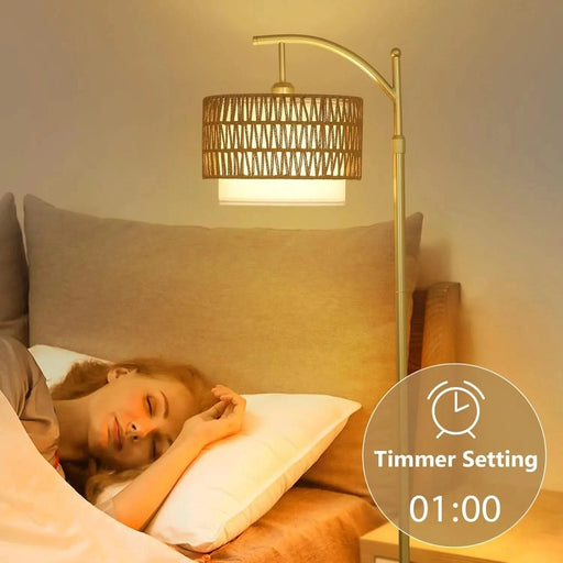 Gold Floor Lamps for Living Room with Remote & Dimmable LED Bulb, Modern Arc Floor Lamp with 3 Color Temperatures, Boho Standing Lamp with Rattan & Fabric Shades, Adjustable Tall Lamp for Bedroom Default -DTYStore