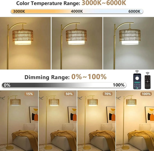 Gold Floor Lamps for Living Room with Remote & Dimmable LED Bulb, Modern Arc Floor Lamp with 3 Color Temperatures, Boho Standing Lamp with Rattan & Fabric Shades, Adjustable Tall Lamp for Bedroom Default -DTYStore