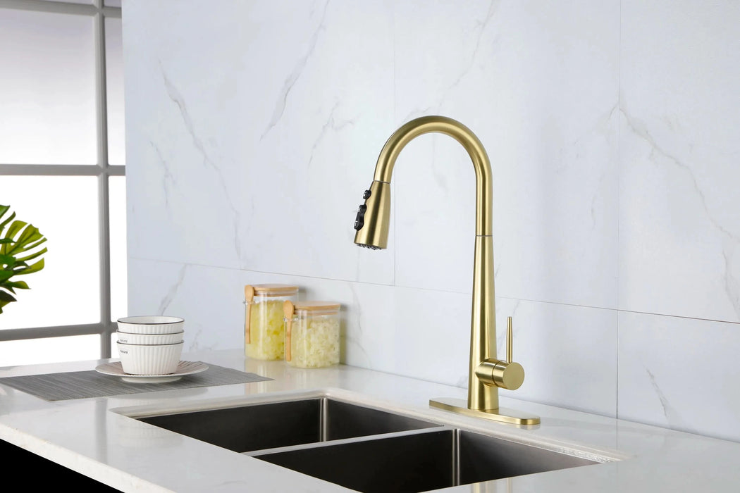 Gold Kitchen Faucets with Pull Down Sprayer, Kitchen Sink Faucet with Pull Out Sprayer, Fingerprint Resistant, Single Hole Deck Mount, Single Handle Copper Kitchen Faucet, - DTY Store