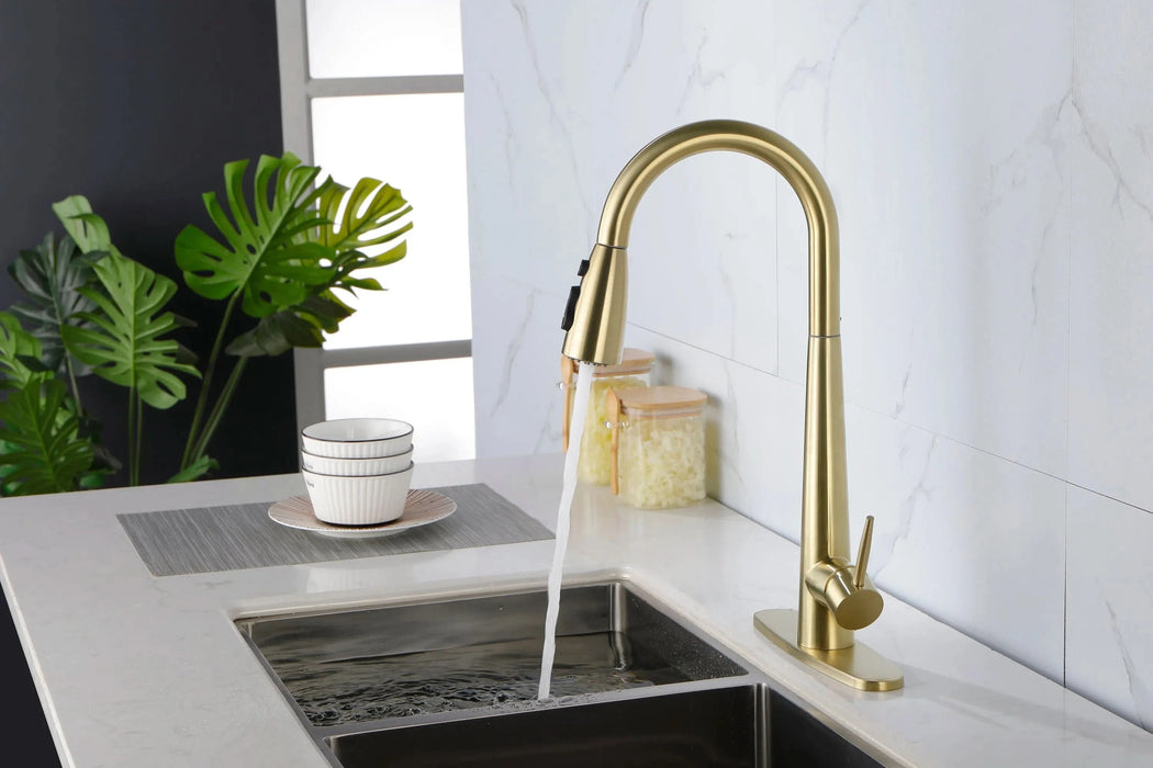 Gold Kitchen Faucets with Pull Down Sprayer, Kitchen Sink Faucet with Pull Out Sprayer, Fingerprint Resistant, Single Hole Deck Mount, Single Handle Copper Kitchen Faucet, - DTY Store
