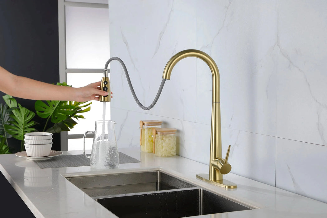 Gold Kitchen Faucets with Pull Down Sprayer, Kitchen Sink Faucet with Pull Out Sprayer, Fingerprint Resistant, Single Hole Deck Mount, Single Handle Copper Kitchen Faucet, - DTY Store