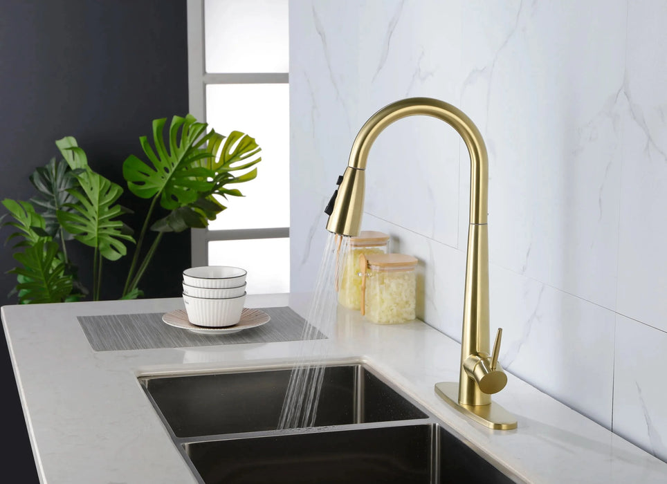 Gold Kitchen Faucets with Pull Down Sprayer, Kitchen Sink Faucet with Pull Out Sprayer, Fingerprint Resistant, Single Hole Deck Mount, Single Handle Copper Kitchen Faucet, - DTY Store
