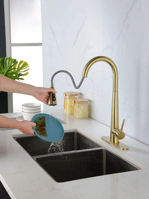 Gold Kitchen Faucets with Pull Down Sprayer, Kitchen Sink Faucet with Pull Out Sprayer, Fingerprint Resistant, Single Hole Deck Mount, Single Handle Copper Kitchen Faucet, - DTY Store