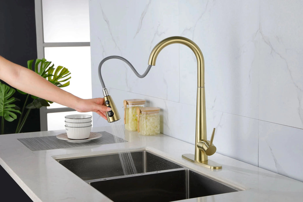 Gold Kitchen Faucets with Pull Down Sprayer, Kitchen Sink Faucet with Pull Out Sprayer, Fingerprint Resistant, Single Hole Deck Mount, Single Handle Copper Kitchen Faucet, - DTY Store