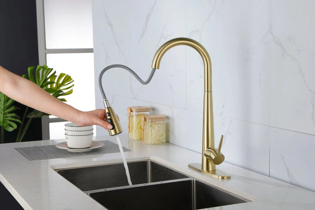 Gold Kitchen Faucets with Pull Down Sprayer, Kitchen Sink Faucet with Pull Out Sprayer, Fingerprint Resistant, Single Hole Deck Mount, Single Handle Copper Kitchen Faucet, - DTY Store