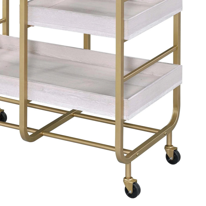 Gold and White Washed Serving Cart with 3 Adjustable Trays Default -DTYStore