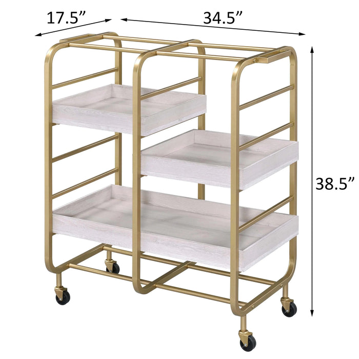 Gold and White Washed Serving Cart with 3 Adjustable Trays Default -DTYStore