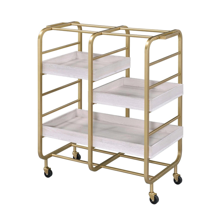 Gold and White Washed Serving Cart with 3 Adjustable Trays Default -DTYStore