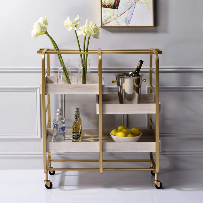 Gold and White Washed Serving Cart with 3 Adjustable Trays Default -DTYStore
