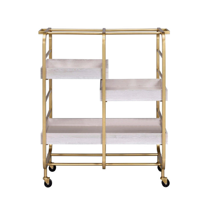 Gold and White Washed Serving Cart with 3 Adjustable Trays Default -DTYStore