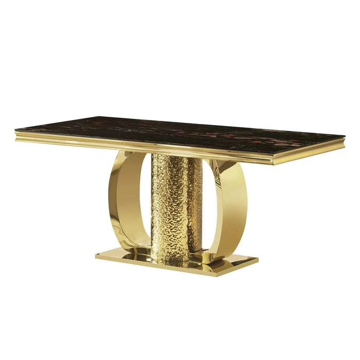 Gold stainless steel dining table 70.08 inch black tempered glass top with sticker Default -DTYStore