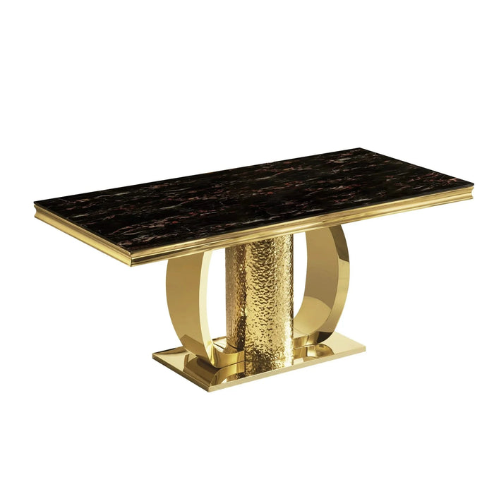 Gold stainless steel dining table 70.08 inch black tempered glass top with sticker Default -DTYStore