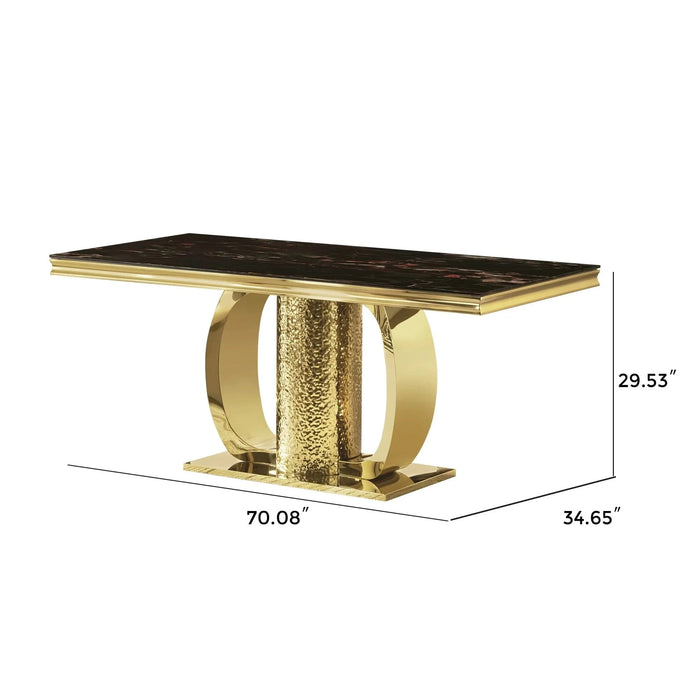 Gold stainless steel dining table 70.08 inch black tempered glass top with sticker Default -DTYStore