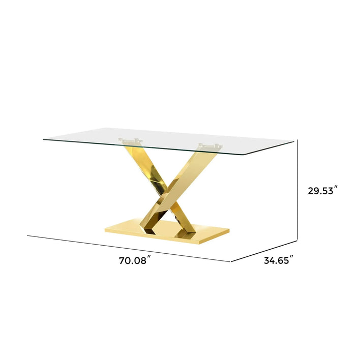 Gold stainless steel dining table 70.08 inch clear tempered glass top Default -DTYStore