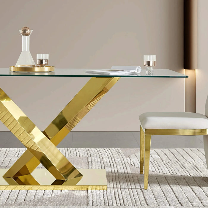 Gold stainless steel dining table 70.08 inch clear tempered glass top Default -DTYStore