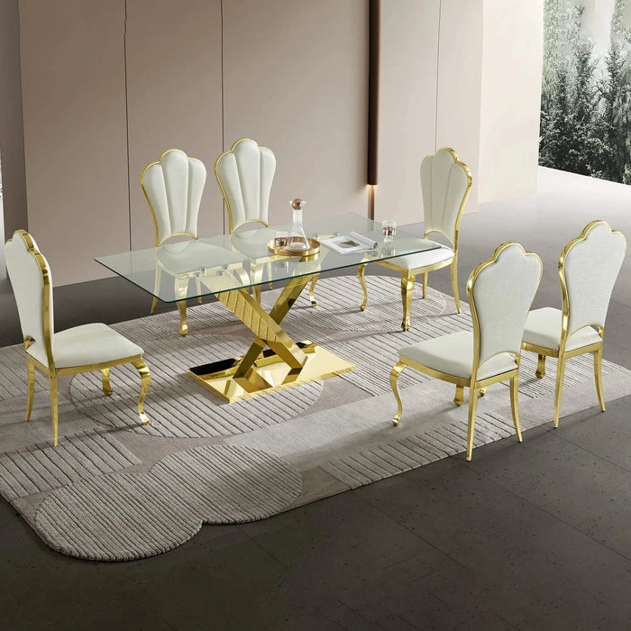 Gold stainless steel dining table 70.08 inch clear tempered glass top Default -DTYStore