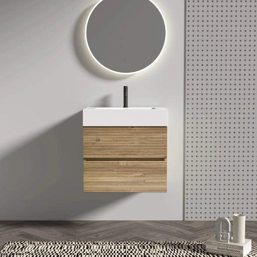 Grace 24 Rough Oak+Rough Oak Bathroom Vanity with White Engineered Quartz Sink and Soft Drawers, Wall Mounted Floating Bathroom Vanity for Modern Bathroom, One-Piece White Glossy Basin, KD Default -DTYStore