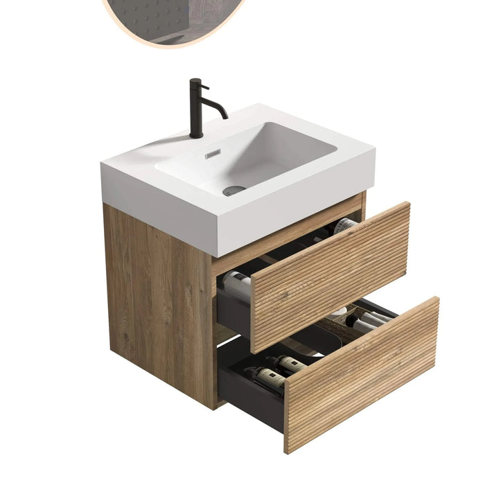 Grace 24 Rough Oak+Rough Oak Bathroom Vanity with White Engineered Quartz Sink and Soft Drawers, Wall Mounted Floating Bathroom Vanity for Modern Bathroom, One-Piece White Glossy Basin, KD Default -DTYStore