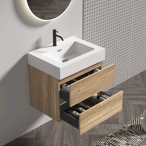 Grace 24 Rough Oak+Rough Oak Bathroom Vanity with White Engineered Quartz Sink and Soft Drawers, Wall Mounted Floating Bathroom Vanity for Modern Bathroom, One-Piece White Glossy Basin, KD Default -DTYStore