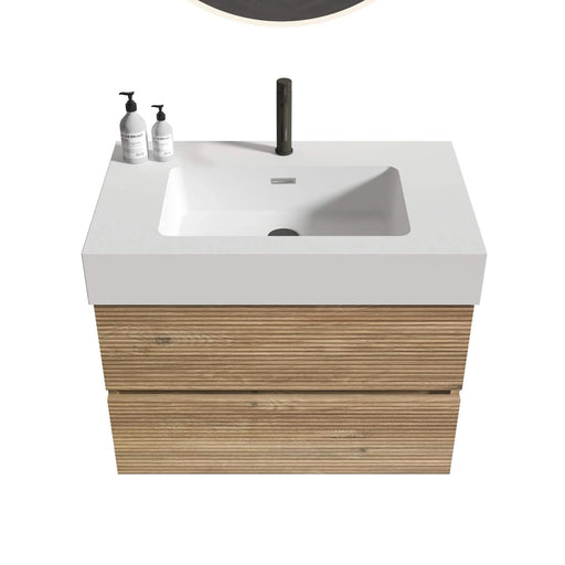 Grace 30 Rough Oak+Rough Oak Bathroom Vanity with White Engineered Quartz Sink and Soft Drawers, Wall Mounted Floating Bathroom Vanity for Modern Bathroom, One-Piece White Glossy Basin, KD Default -DTYStore