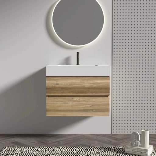 Grace 30 Rough Oak+Rough Oak Bathroom Vanity with White Engineered Quartz Sink and Soft Drawers, Wall Mounted Floating Bathroom Vanity for Modern Bathroom, One-Piece White Glossy Basin, KD Default -DTYStore