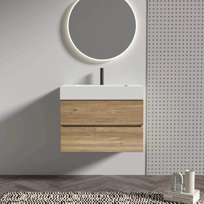 Grace 30 Rough Oak+Rough Oak Bathroom Vanity with White Engineered Quartz Sink and Soft Drawers, Wall Mounted Floating Bathroom Vanity for Modern Bathroom, One-Piece White Glossy Basin, KD Default -DTYStore