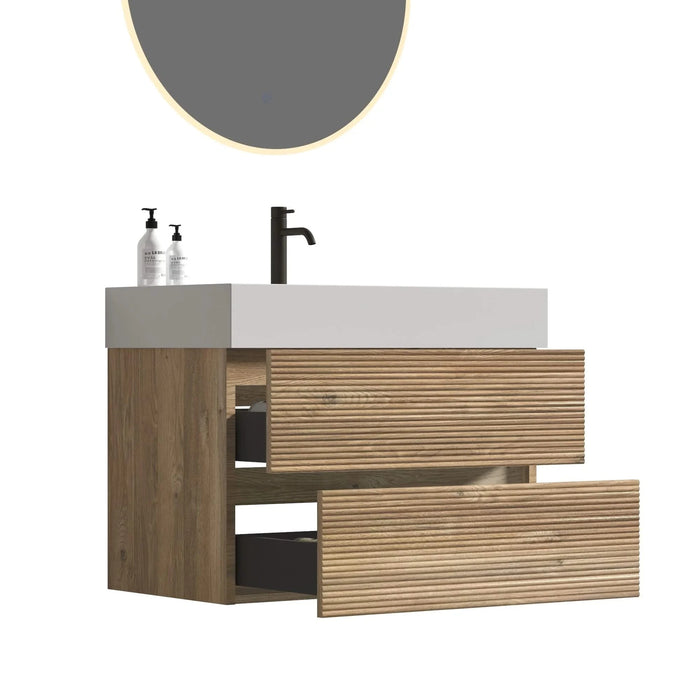 Grace 30 Rough Oak+Rough Oak Bathroom Vanity with White Engineered Quartz Sink and Soft Drawers, Wall Mounted Floating Bathroom Vanity for Modern Bathroom, One-Piece White Glossy Basin, KD Default -DTYStore