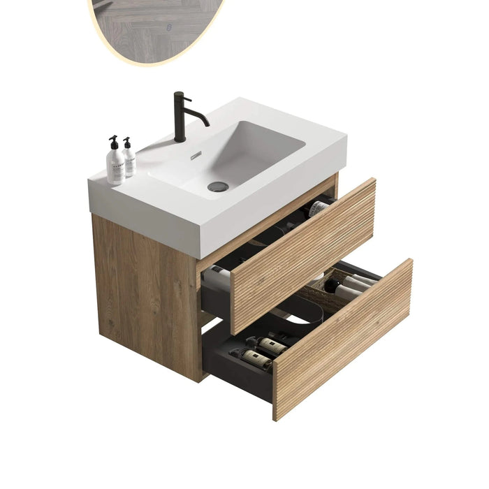 Grace 30 Rough Oak+Rough Oak Bathroom Vanity with White Engineered Quartz Sink and Soft Drawers, Wall Mounted Floating Bathroom Vanity for Modern Bathroom, One-Piece White Glossy Basin, KD Default -DTYStore