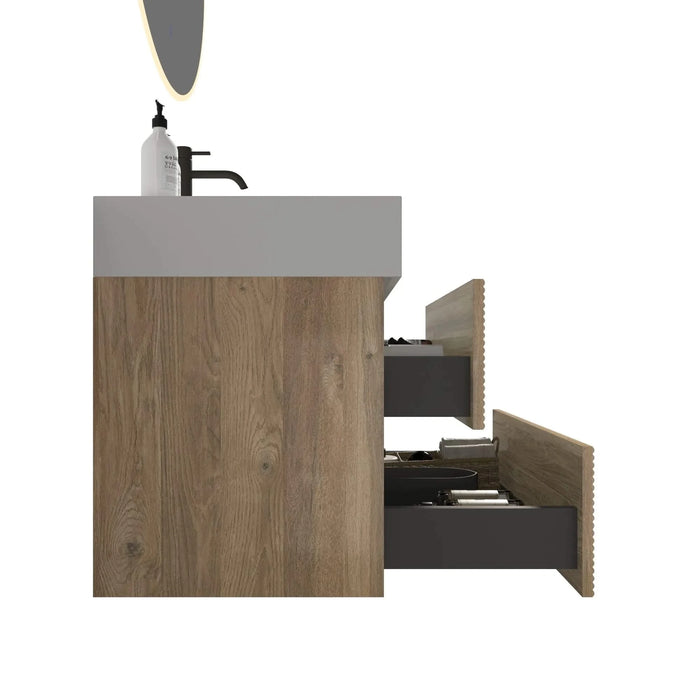 Grace 30 Rough Oak+Rough Oak Bathroom Vanity with White Engineered Quartz Sink and Soft Drawers, Wall Mounted Floating Bathroom Vanity for Modern Bathroom, One-Piece White Glossy Basin, KD Default -DTYStore