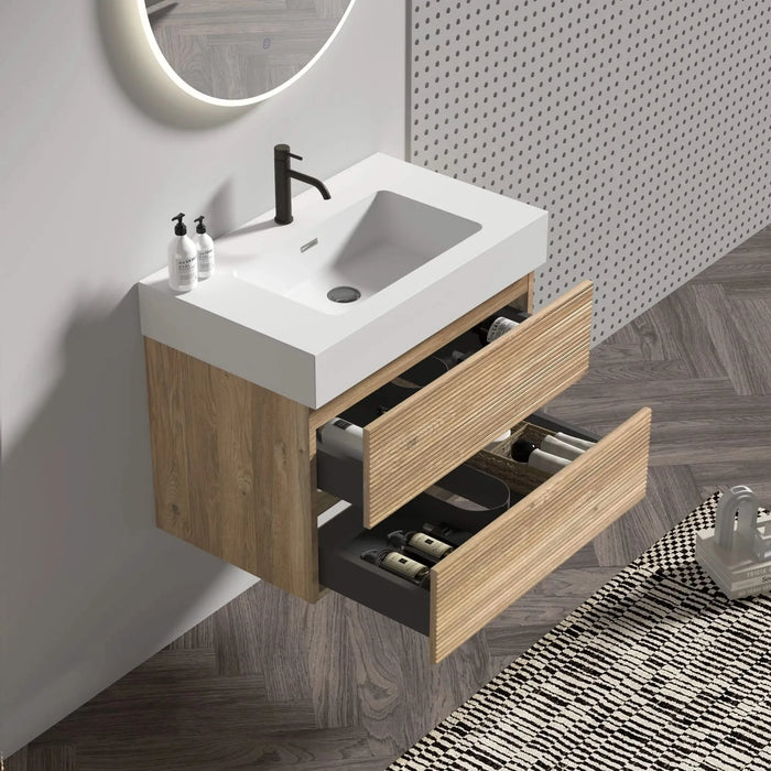Grace 30 Rough Oak+Rough Oak Bathroom Vanity with White Engineered Quartz Sink and Soft Drawers, Wall Mounted Floating Bathroom Vanity for Modern Bathroom, One-Piece White Glossy Basin, KD Default -DTYStore