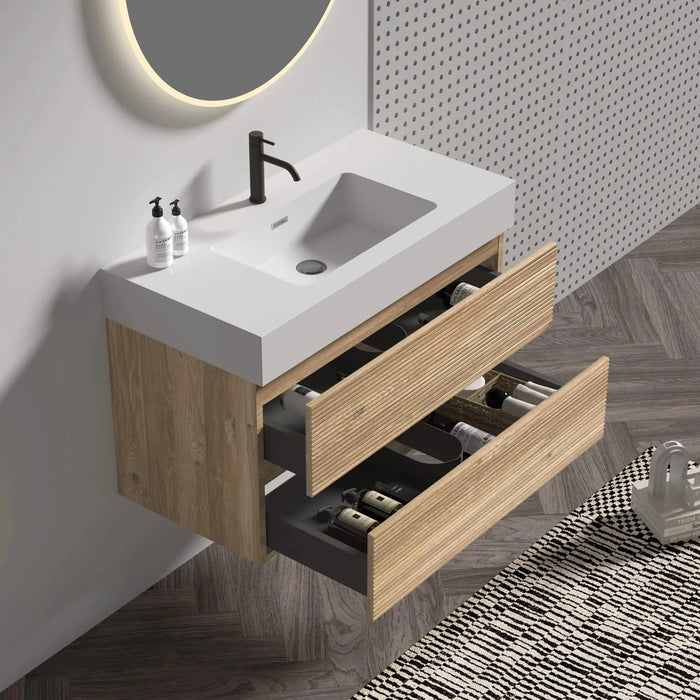 Grace 36' Rough Oak+Rough Oak Bathroom Vanity with White Engineered Quartz Sink and Soft Drawers, Wall Mounted Floating Bathroom Vanity for Modern Bathroom, One-Piece White Glossy Basin, KD Default -DTYStore