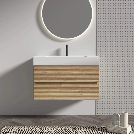 Grace 36' Rough Oak+Rough Oak Bathroom Vanity with White Engineered Quartz Sink and Soft Drawers, Wall Mounted Floating Bathroom Vanity for Modern Bathroom, One-Piece White Glossy Basin, KD Default -DTYStore