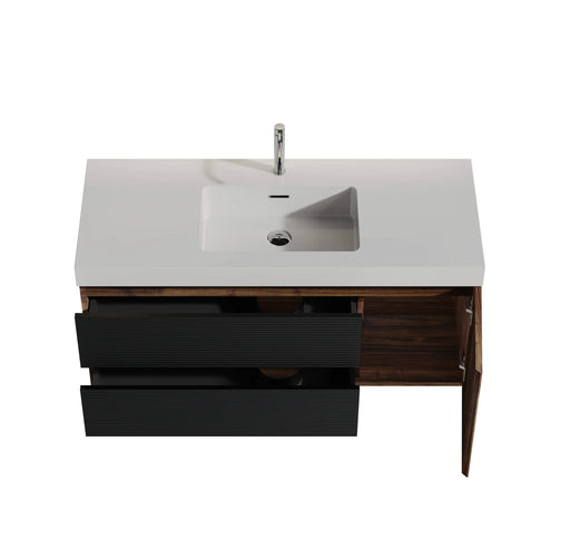 Grace 48' Walnut Bathroom Vanity with Glossy White Solid Surface Sink and Soft Black Drawers, Wall Mounted Floating Bathroom Vanity for Modern Bathroom, One-Piece Glossy White Basin, Pre-assembled Default -DTYStore