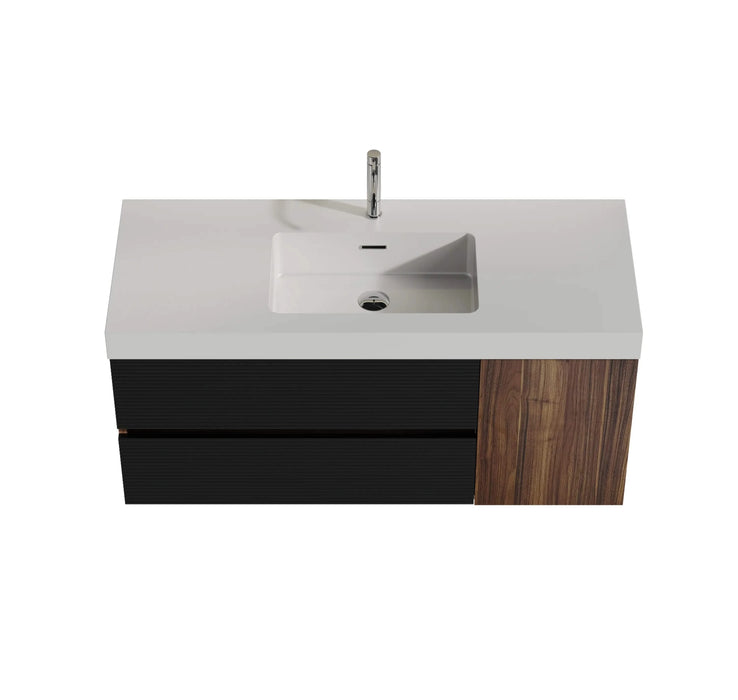 Grace 48' Walnut Bathroom Vanity with Glossy White Solid Surface Sink and Soft Black Drawers, Wall Mounted Floating Bathroom Vanity for Modern Bathroom, One-Piece Glossy White Basin, Pre-assembled Default -DTYStore