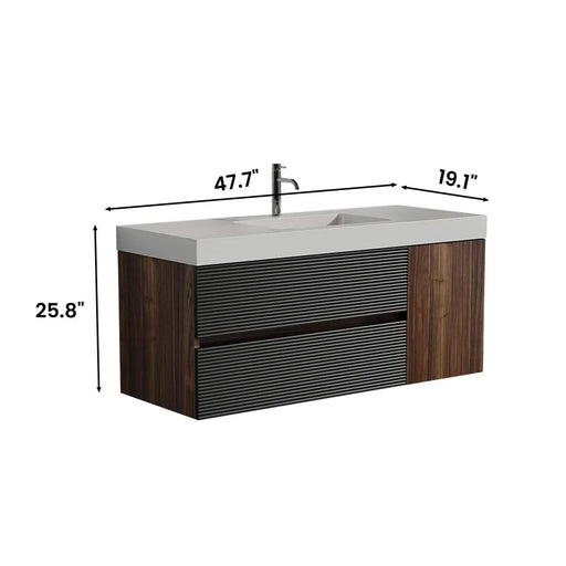 Grace 48' Walnut Bathroom Vanity with Glossy White Solid Surface Sink and Soft Black Drawers, Wall Mounted Floating Bathroom Vanity for Modern Bathroom, One-Piece Glossy White Basin, Pre-assembled Default -DTYStore