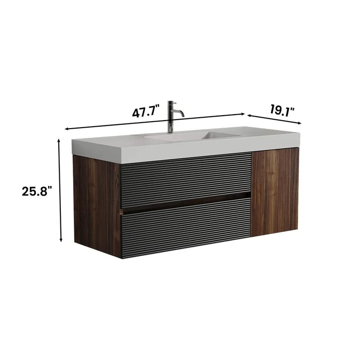 Grace 48' Walnut Bathroom Vanity with Glossy White Solid Surface Sink and Soft Black Drawers, Wall Mounted Floating Bathroom Vanity for Modern Bathroom, One-Piece Glossy White Basin, Pre-assembled Default -DTYStore