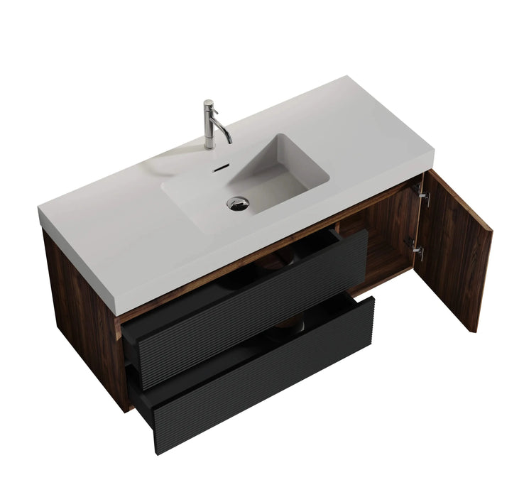 Grace 48' Walnut Bathroom Vanity with Glossy White Solid Surface Sink and Soft Black Drawers, Wall Mounted Floating Bathroom Vanity for Modern Bathroom, One-Piece Glossy White Basin, Pre-assembled Default -DTYStore