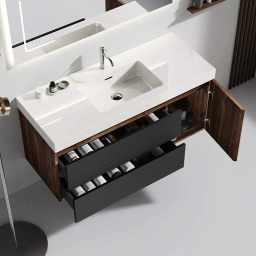 Grace 48' Walnut Bathroom Vanity with Glossy White Solid Surface Sink and Soft Black Drawers, Wall Mounted Floating Bathroom Vanity for Modern Bathroom, One-Piece Glossy White Basin, Pre-assembled Default -DTYStore