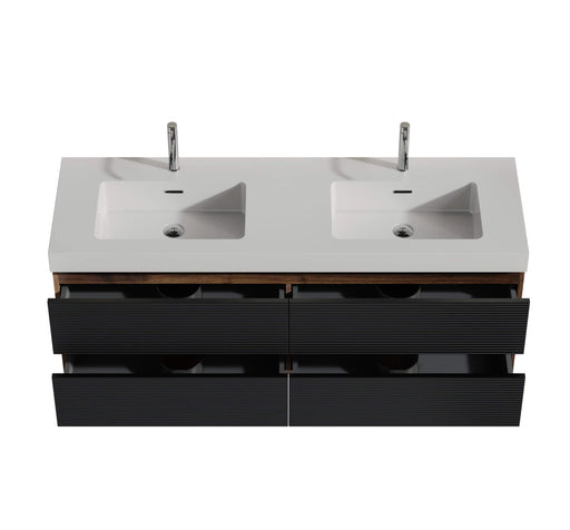 Grace 60' Walnut Bathroom Vanity with Glossy White Solid Surface Sink and Soft Black Drawers, Wall Mounted Floating Bathroom Vanity for Modern Bathroom, One-Piece Glossy White Basin, Pre-assembled Default -DTYStore