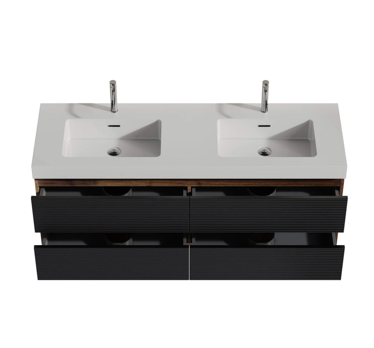 Grace 60' Walnut Bathroom Vanity with Glossy White Solid Surface Sink and Soft Black Drawers, Wall Mounted Floating Bathroom Vanity for Modern Bathroom, One-Piece Glossy White Basin, Pre-assembled Default -DTYStore