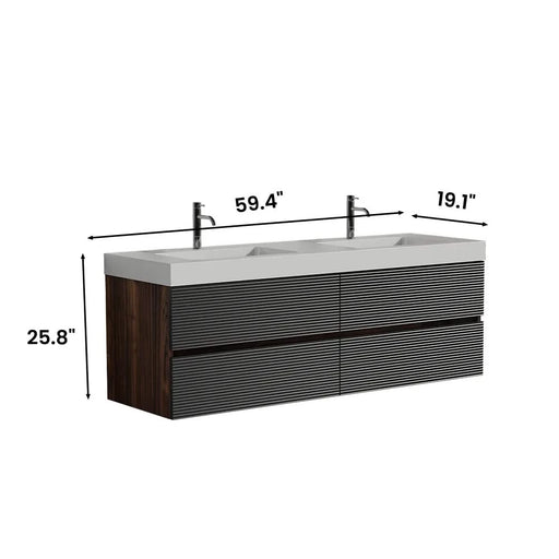 Grace 60' Walnut Bathroom Vanity with Glossy White Solid Surface Sink and Soft Black Drawers, Wall Mounted Floating Bathroom Vanity for Modern Bathroom, One-Piece Glossy White Basin, Pre-assembled Default -DTYStore