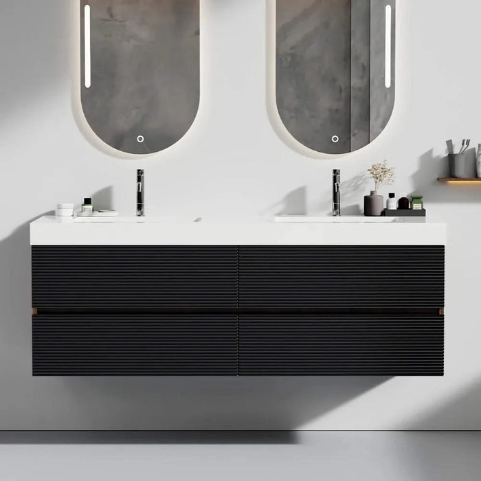 Grace 60' Walnut Bathroom Vanity with Glossy White Solid Surface Sink and Soft Black Drawers, Wall Mounted Floating Bathroom Vanity for Modern Bathroom, One-Piece Glossy White Basin, Pre-assembled Default -DTYStore