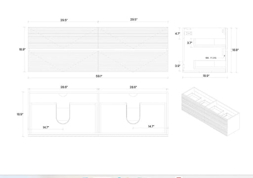 Grace 60' Walnut Bathroom Vanity with Glossy White Solid Surface Sink and Soft Black Drawers, Wall Mounted Floating Bathroom Vanity for Modern Bathroom, One-Piece Glossy White Basin, Pre-assembled Default -DTYStore