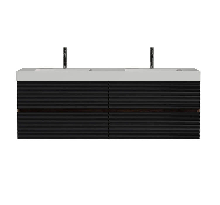 Grace 60' Walnut Bathroom Vanity with Glossy White Solid Surface Sink and Soft Black Drawers, Wall Mounted Floating Bathroom Vanity for Modern Bathroom, One-Piece Glossy White Basin, Pre-assembled Default -DTYStore