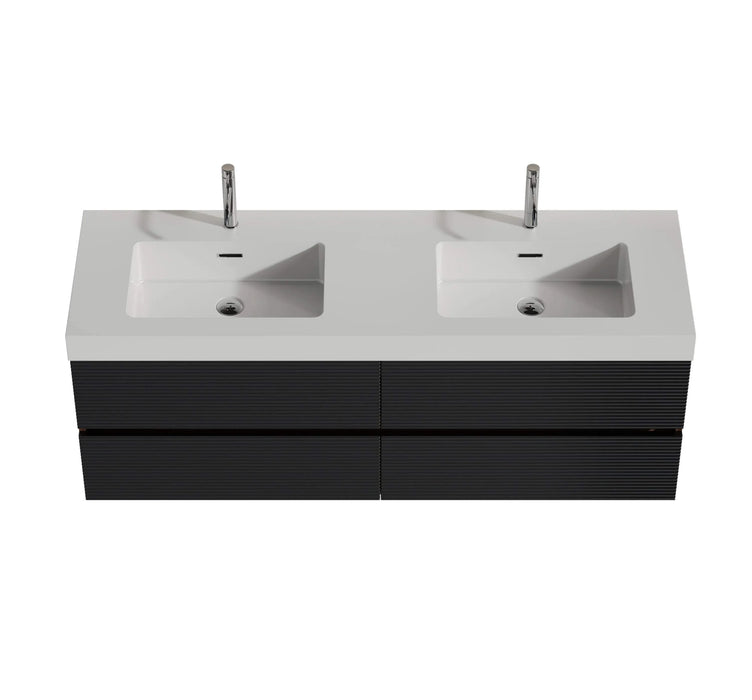 Grace 60' Walnut Bathroom Vanity with Glossy White Solid Surface Sink and Soft Black Drawers, Wall Mounted Floating Bathroom Vanity for Modern Bathroom, One-Piece Glossy White Basin, Pre-assembled Default -DTYStore